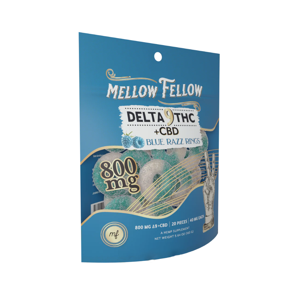 MELLOW FELLOW D9 THC +CBD 800MG GUMMIES - BLUE RAZZ RINGS