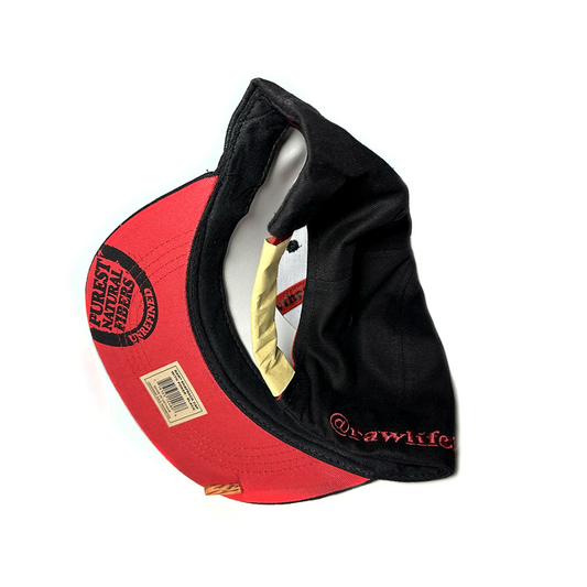 RAW SNAP BACK CAP WITH RED STITCHING & POKER - BLACK