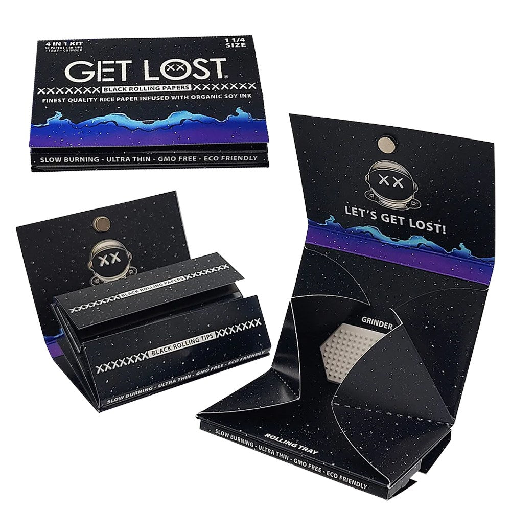GET LOST 4 IN 1 BLACK 1 1/4" ROLLING PAPER KIT