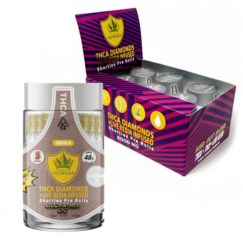 CROWNZEN THCA DIAMOND + LIVE RESIN INFUSED 5000MG PREROLLS INDICA- GOD FATHER