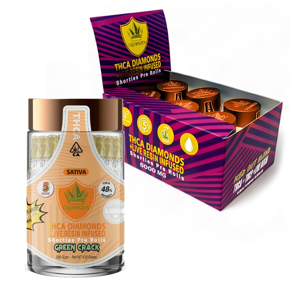 CROWNZEN THCA DIAMOND + LIVE RESIN INFUSED 5000MG PREROLLS SATIVA - GREEN CRACK