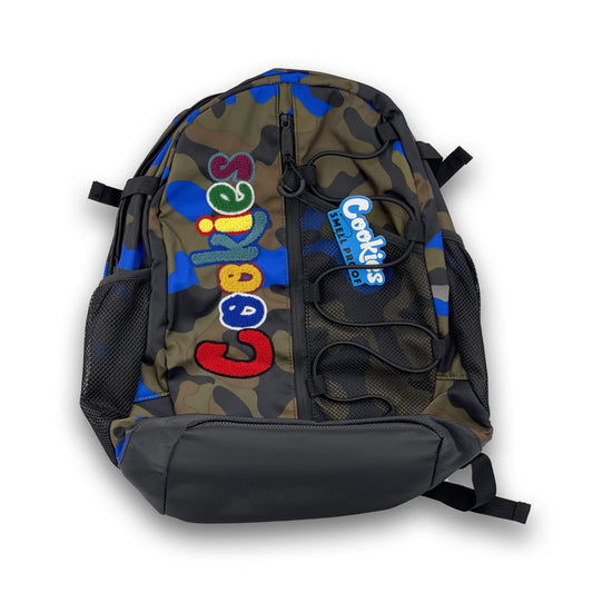 COOKIES SMELL PROOF "THE BUNGEE " BACKPACK WITH CHENILLE LETTERING - BLUE CAMO