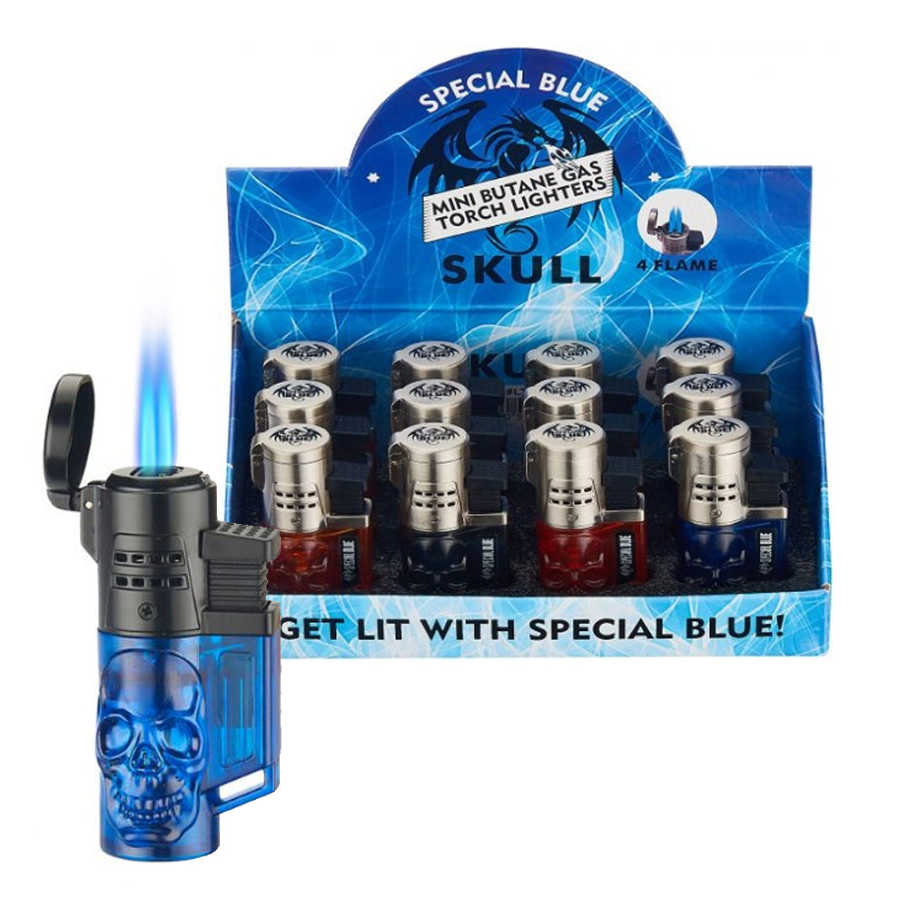 SPECIAL BLUE MINI TORCH LIGHTERS - SKULL 4 FLAME - 12CT DISPLAY