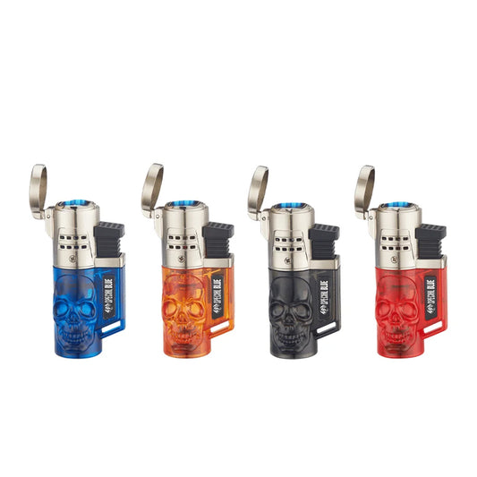 SPECIAL BLUE MINI TORCH LIGHTERS - SKULL 4 FLAME - 12CT DISPLAY