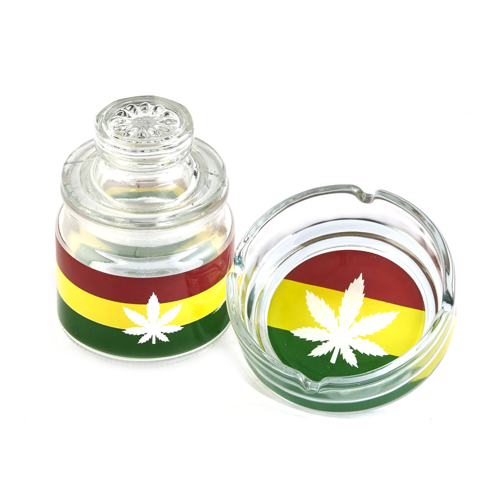 FASHION CRAFT GLASS STASH JAR &amp; ASHTRAY SET - LEAF DESIGN