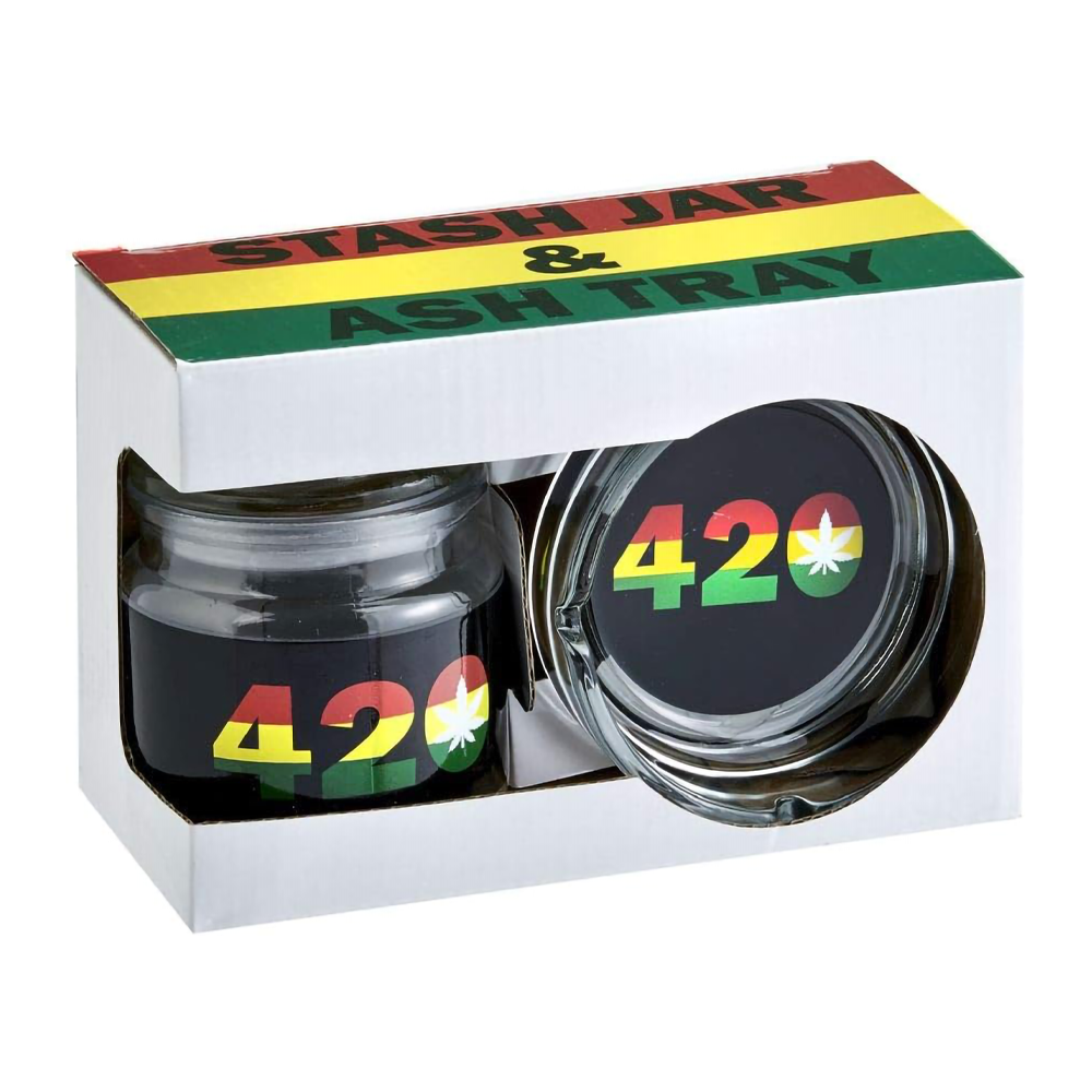 FASHION CRAFT GLASS STASH JAR &amp; ASHTRAY SET - 420 DESIGN