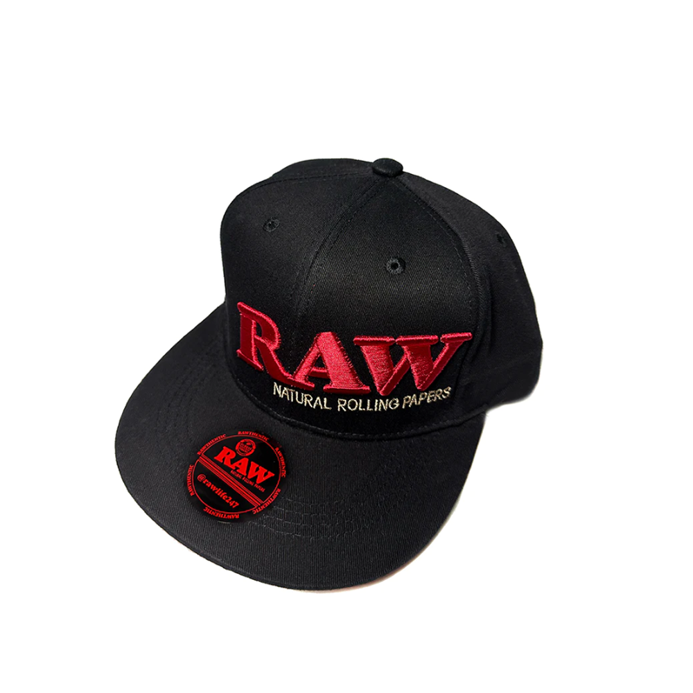 RAW SNAP BACK CAP WITH RED STITCHING &amp; POKER - BLACK