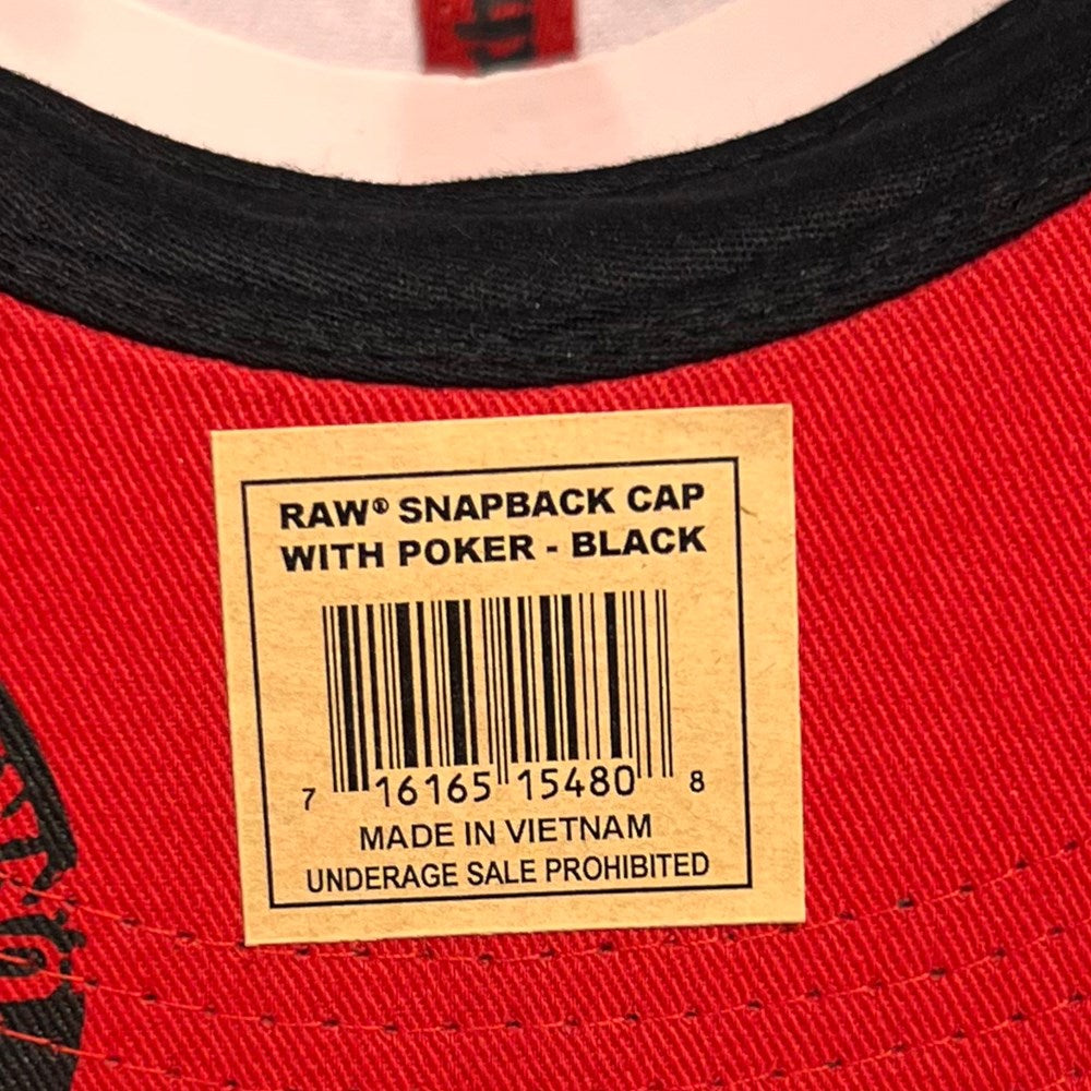 RAW SNAP BACK CAP WITH RED STITCHING &amp; POKER - BLACK